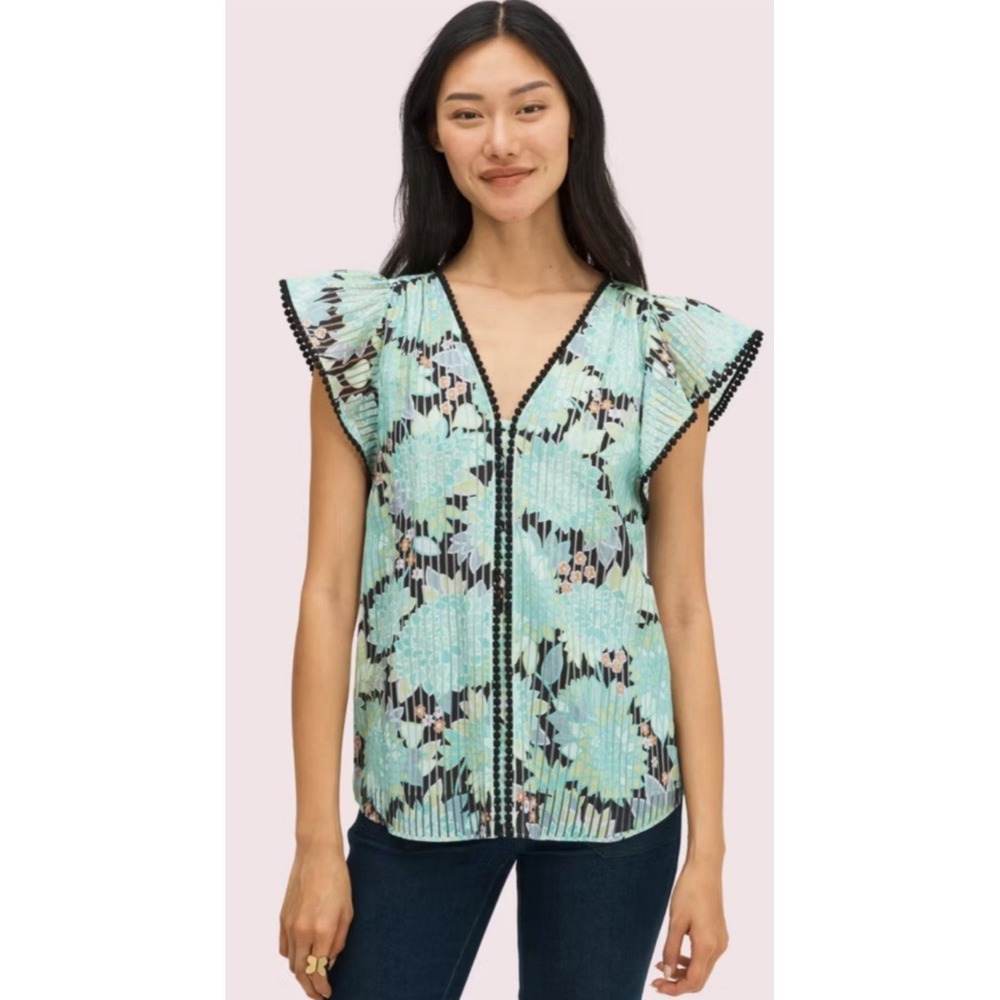 Kate Spade Dahlia Burnout Top Blue Floral Boho Flutter Sleeve Blouse Women's XS